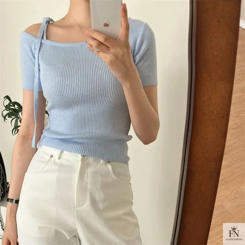 Bow Strap Ribbed One Shoulder Top - Fashionnsio