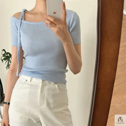 Bow Strap Ribbed One Shoulder Top - Fashionnsio