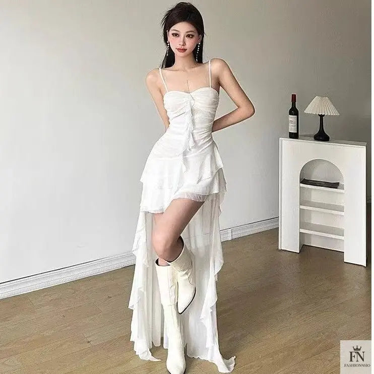 Long Asymmetric Ruffle Dress - Fashionnsio