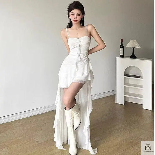 Long Asymmetric Ruffle Dress - Fashionnsio