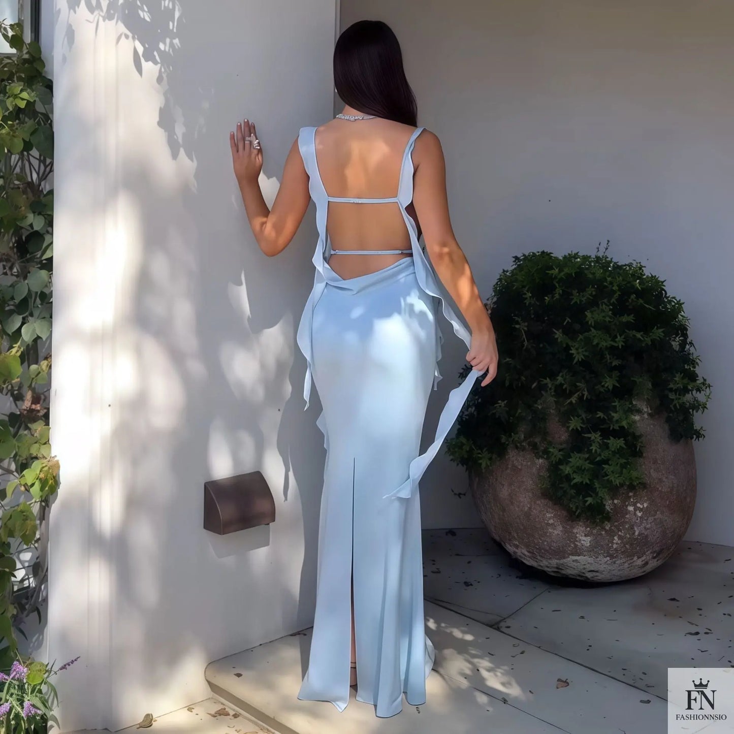 Backless Long Ribbon Ruffle Dress - Fashionnsio