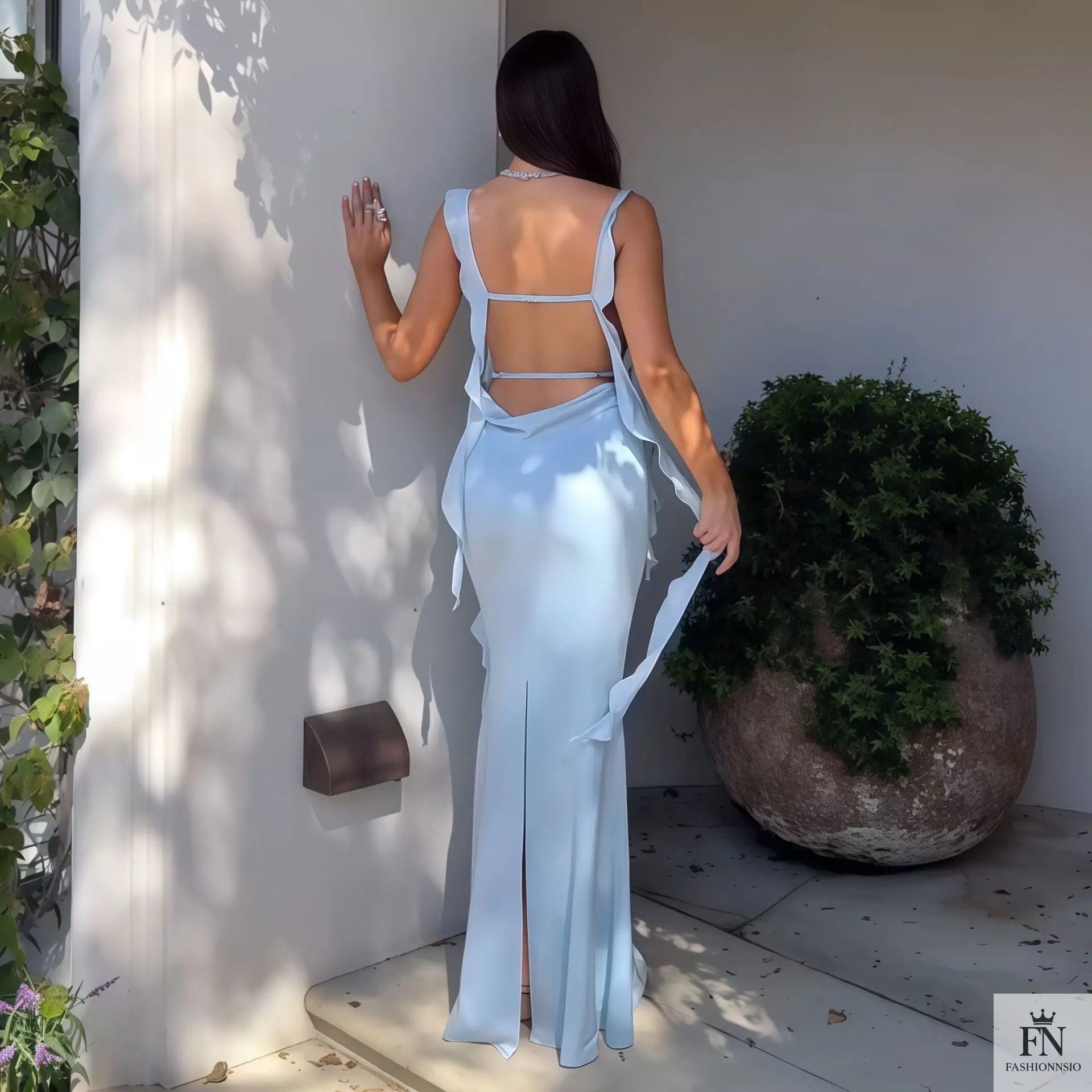 Backless Long Ribbon Ruffle Dress - Fashionnsio