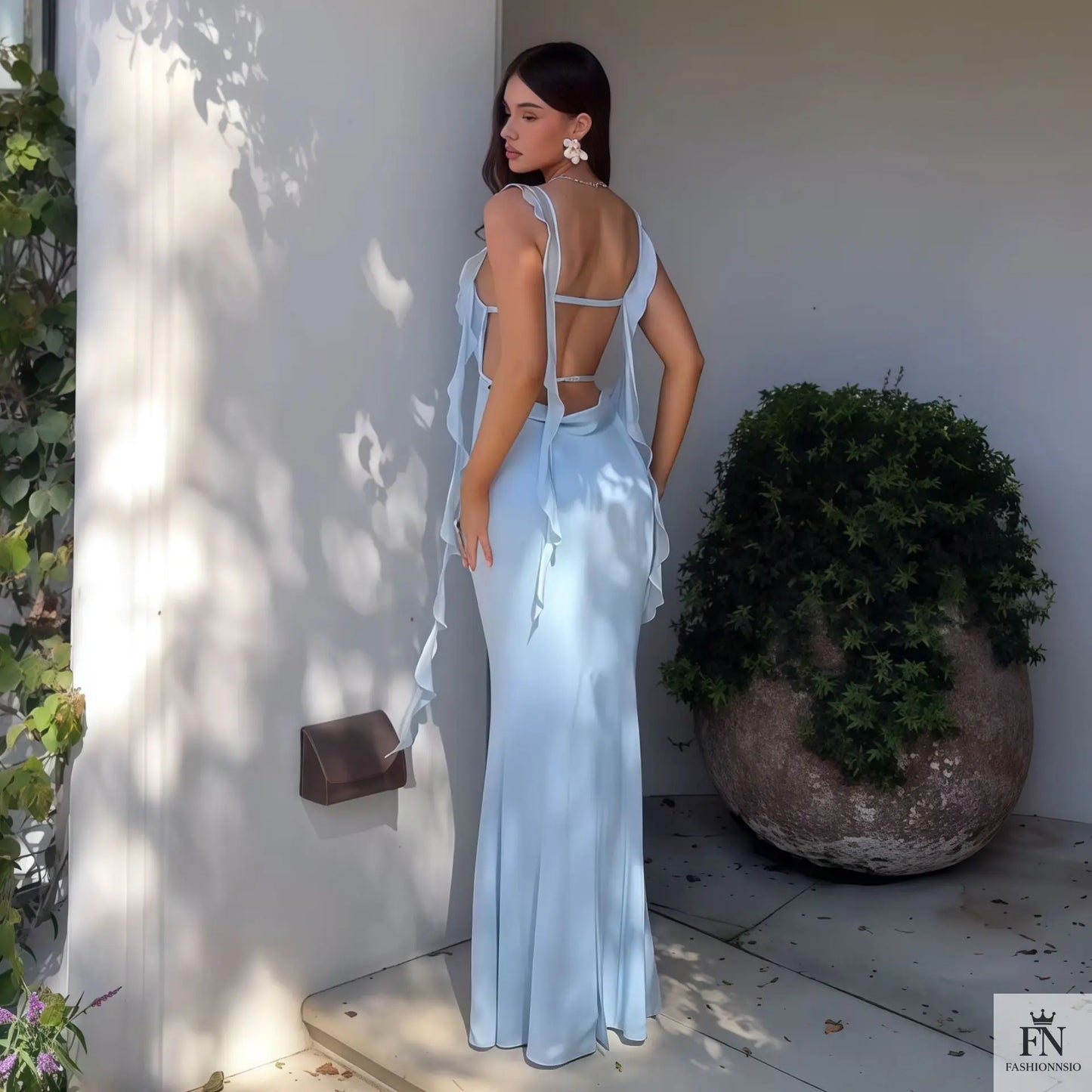 Backless Long Ribbon Ruffle Dress - Fashionnsio