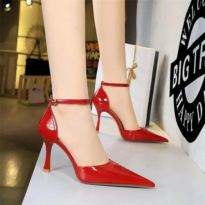 Glossy Ankle Strap Pointed Pencil Heel