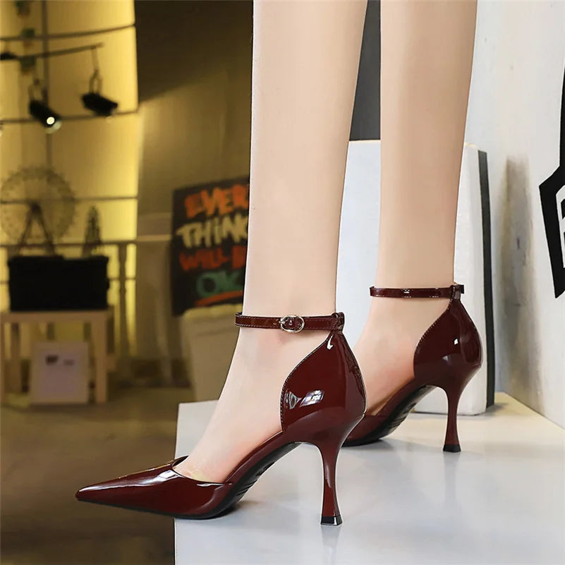 Glossy Ankle Strap Pointed Pencil Heel