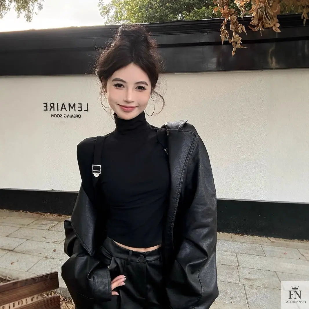 Suspender Long Sleeve Turtleneck Top - Fashionnsio