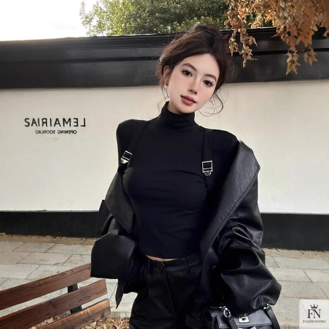 Suspender Long Sleeve Turtleneck Top - Fashionnsio
