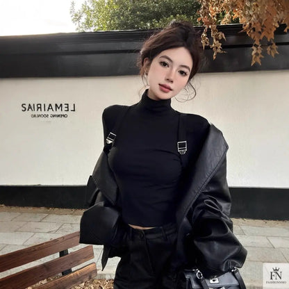Suspender Long Sleeve Turtleneck Top - Fashionnsio