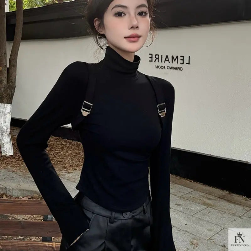 Suspender Long Sleeve Turtleneck Top - Fashionnsio
