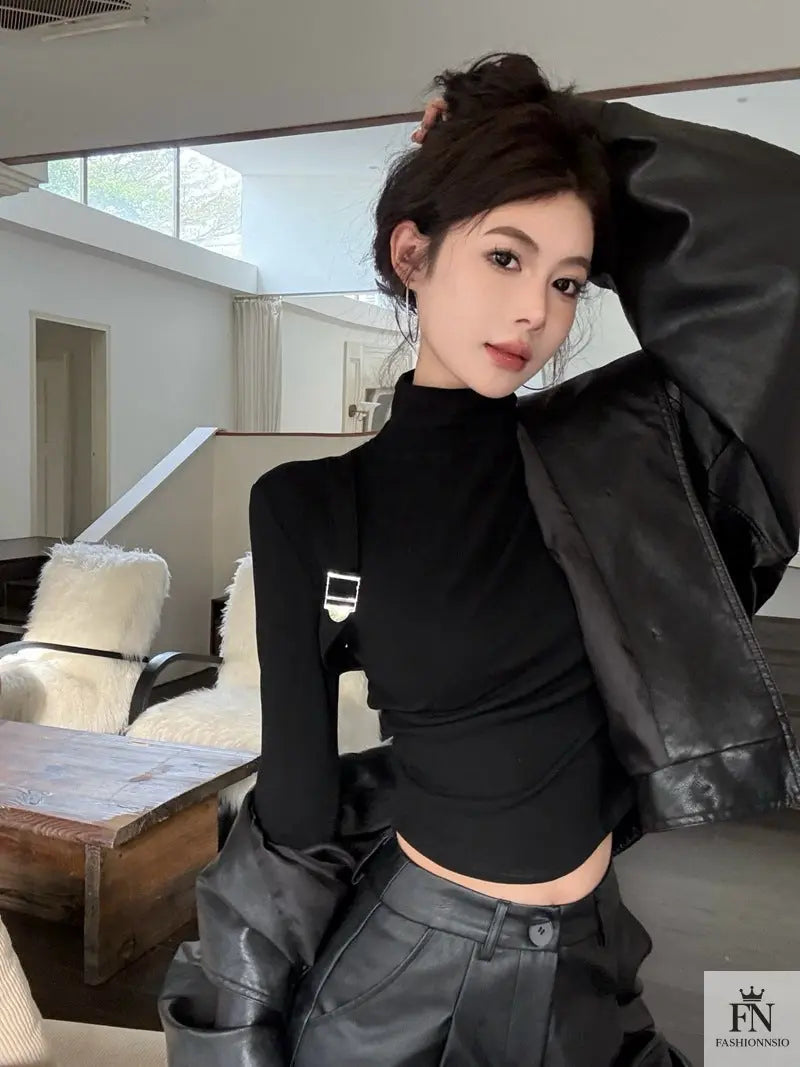 Suspender Long Sleeve Turtleneck Top - Fashionnsio