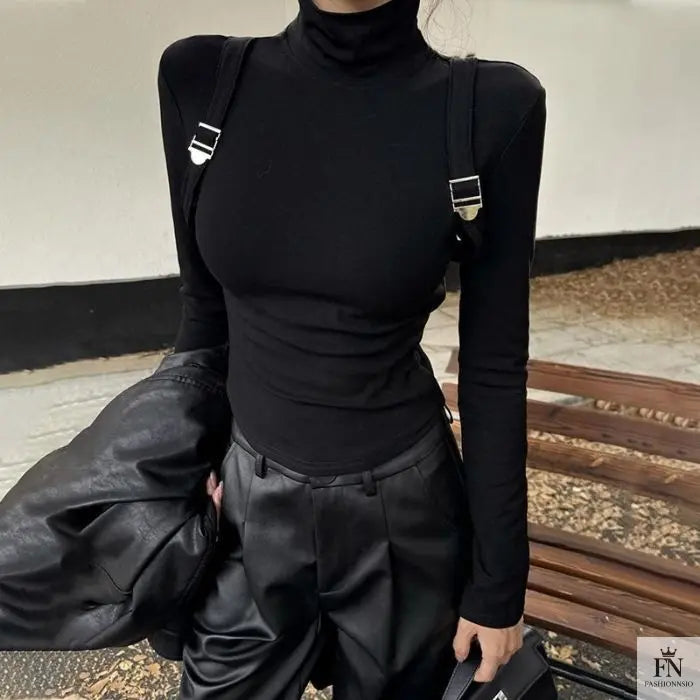 Suspender Long Sleeve Turtleneck Top - Fashionnsio
