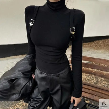 Suspender Long Sleeve Turtleneck Top - Fashionnsio
