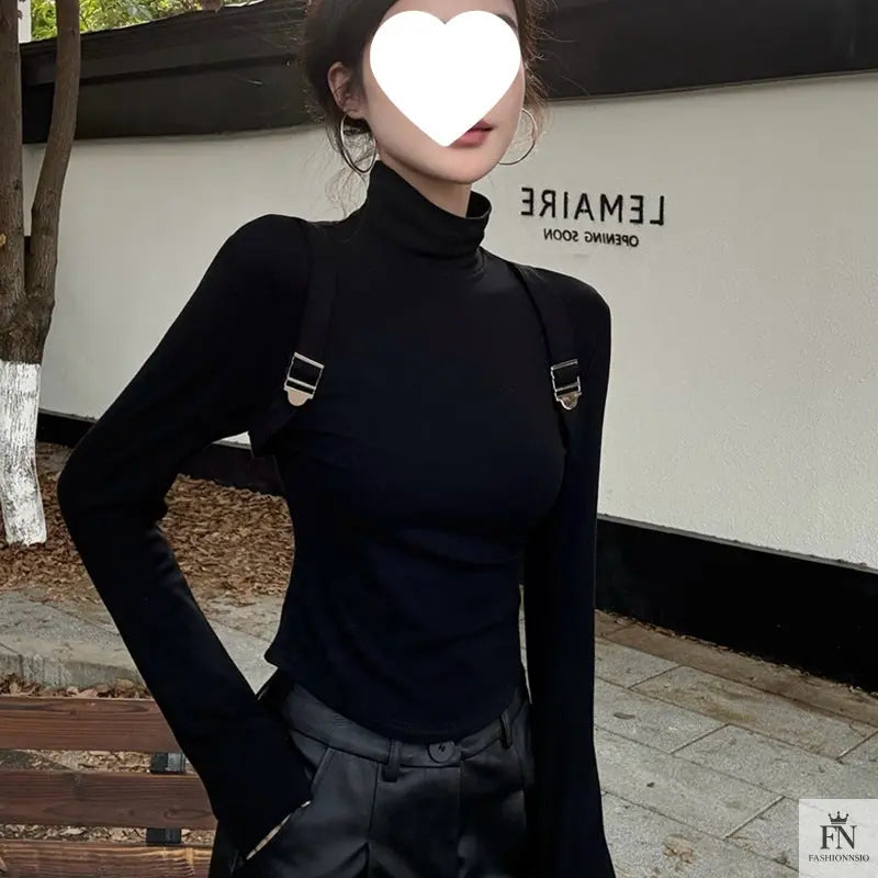 Suspender Long Sleeve Turtleneck Top - Fashionnsio