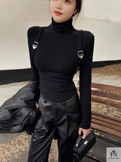 Suspender Long Sleeve Turtleneck Top - Fashionnsio