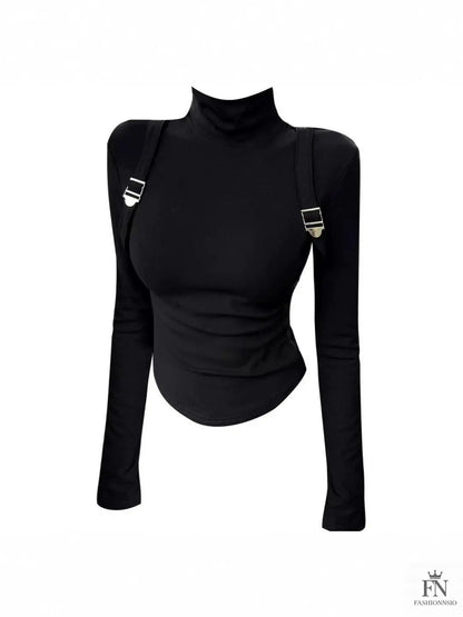 Suspender Long Sleeve Turtleneck Top - Fashionnsio