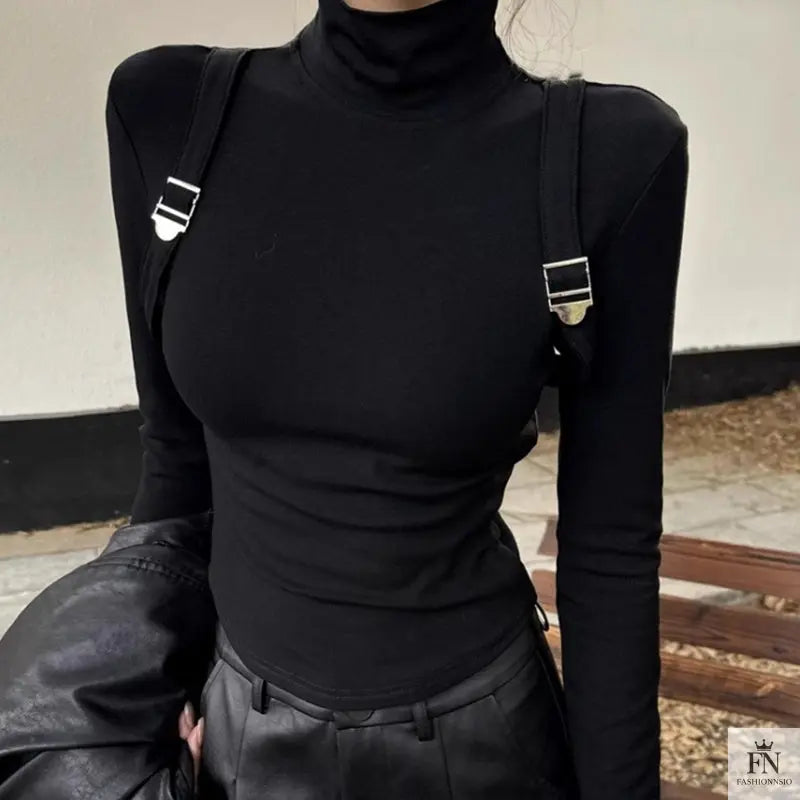 Suspender Long Sleeve Turtleneck Top - Fashionnsio