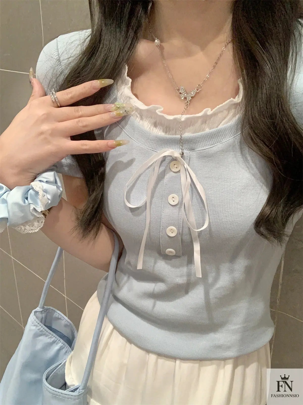 Sweet Ruffle Button Bow Top - Fashionnsio