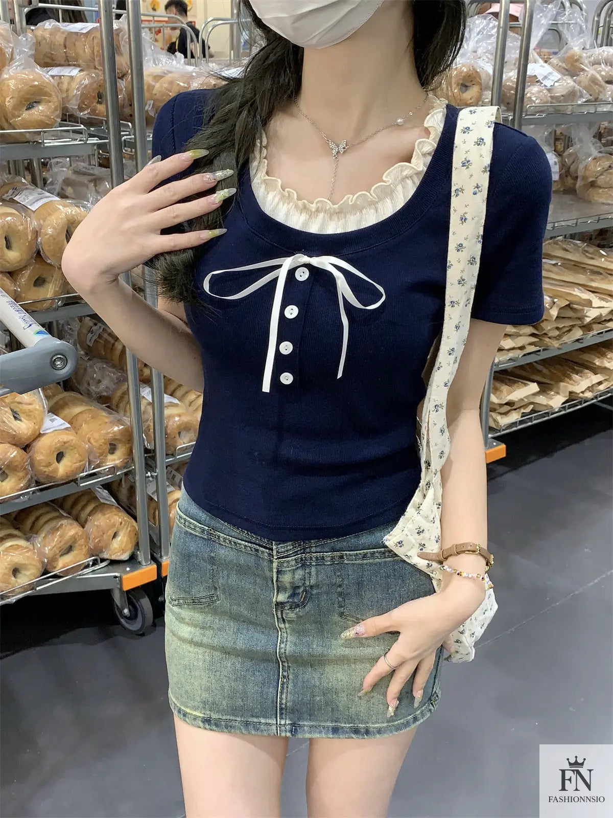 Sweet Ruffle Button Bow Top - Fashionnsio