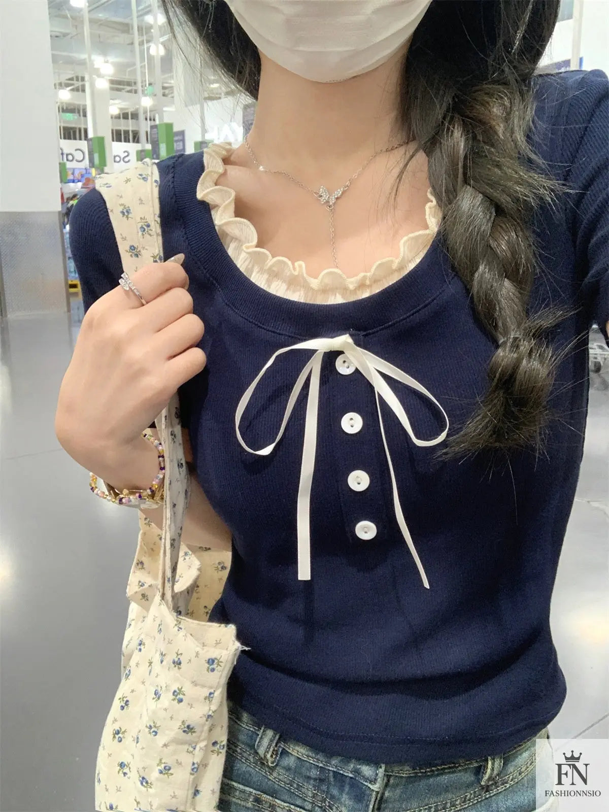 Sweet Ruffle Button Bow Top - Fashionnsio