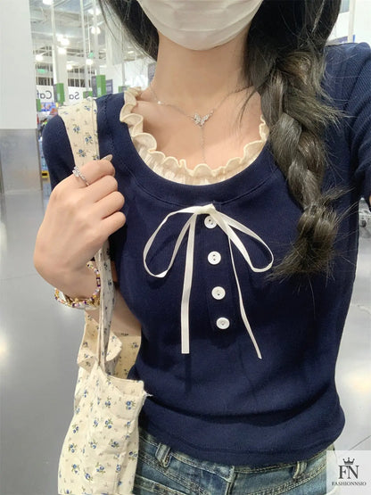 Sweet Ruffle Button Bow Top - Fashionnsio