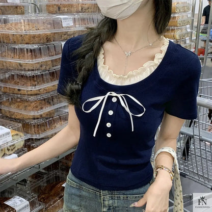 Sweet Ruffle Button Bow Top - Fashionnsio
