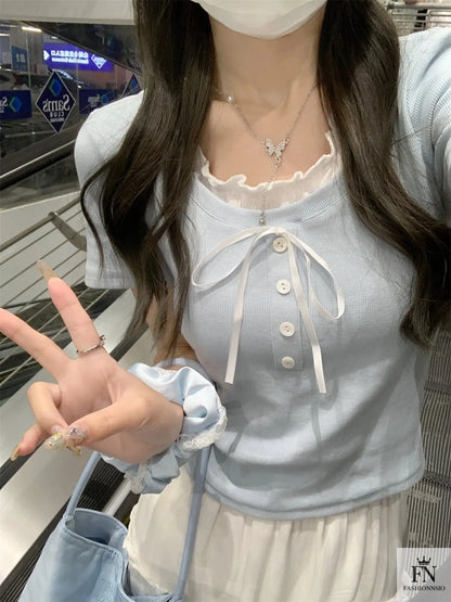 Sweet Ruffle Button Bow Top - Fashionnsio