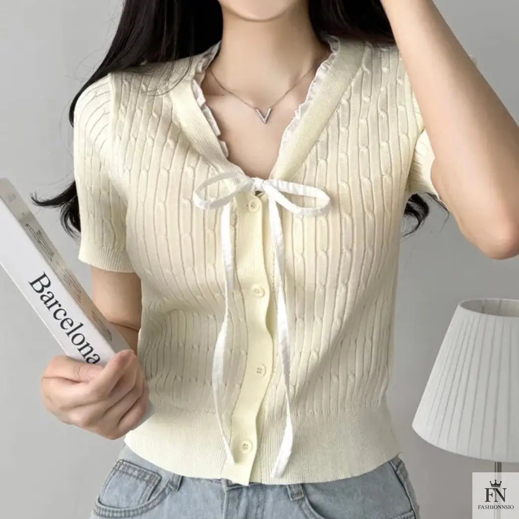 Lace Ribbed Knit Bow Top - Fashionnsio