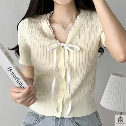 Lace Ribbed Knit Bow Top - Fashionnsio