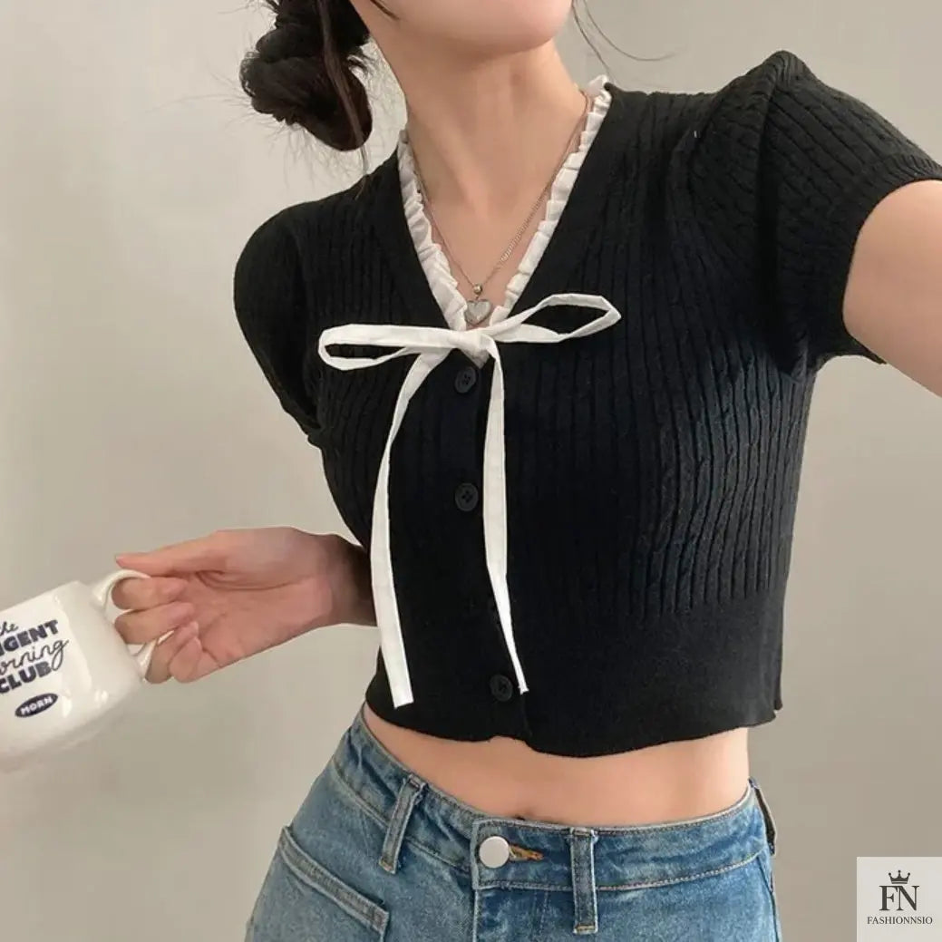 Lace Ribbed Knit Bow Top - Fashionnsio