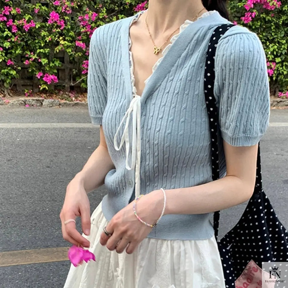 Lace Ribbed Knit Bow Top - Fashionnsio