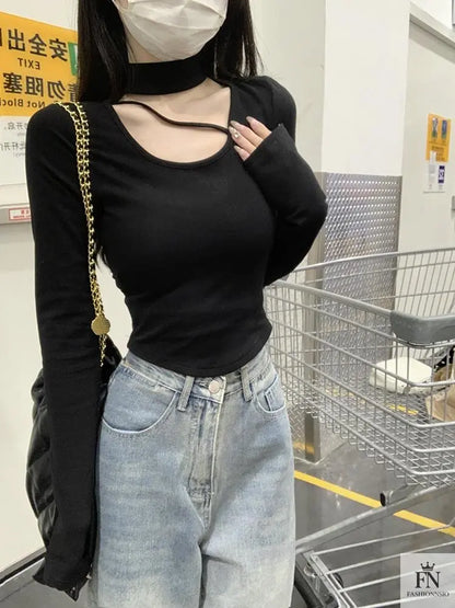 Turtle Neck Cut Out Crop Top - Fashionnsio
