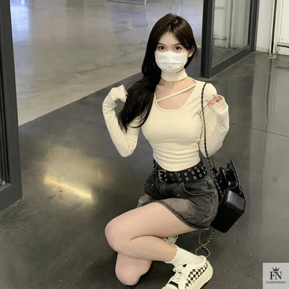 Turtle Neck Cut Out Crop Top - Fashionnsio
