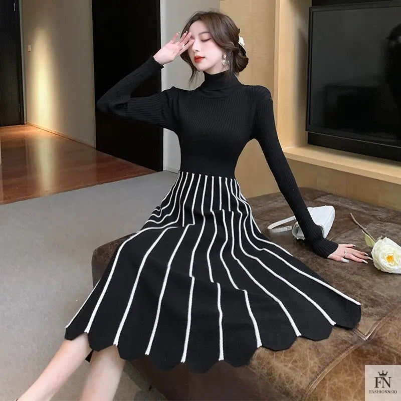 Turtleneck Striped Maxi Dress - Fashionnsio
