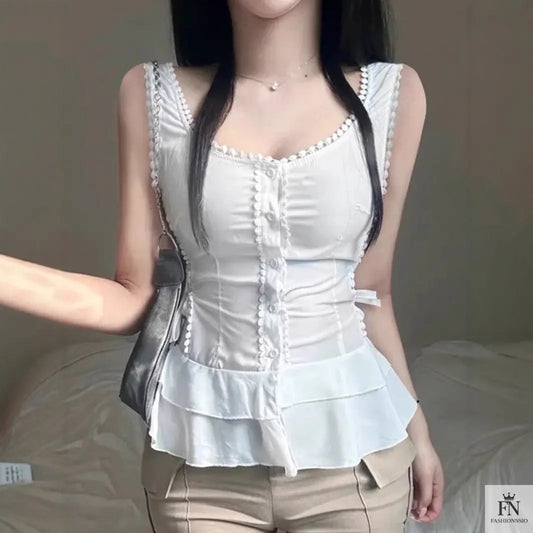 Button Side Drawstring Ruffle Top - Fashionnsio