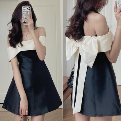 Off Shoulder Bow Mini Dress fashionnsio