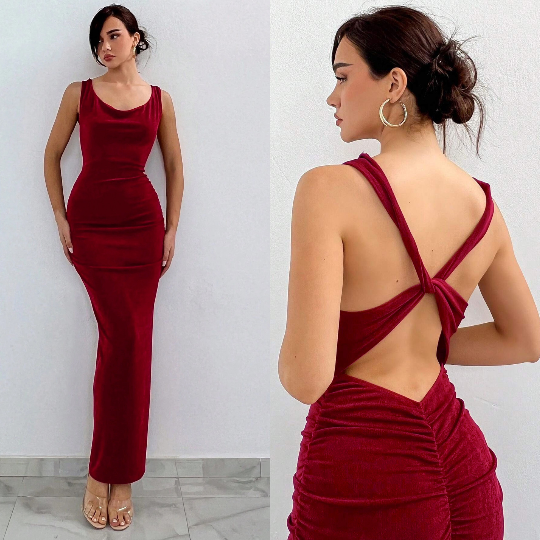 Red Pleated Backless Bodycon Dress