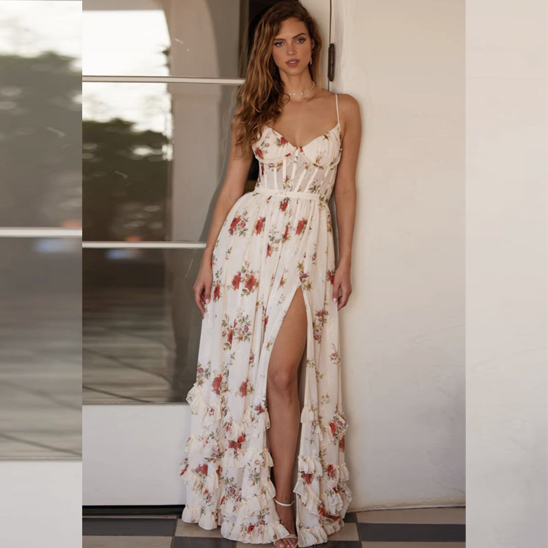 Floral Ruffle Slit Dress