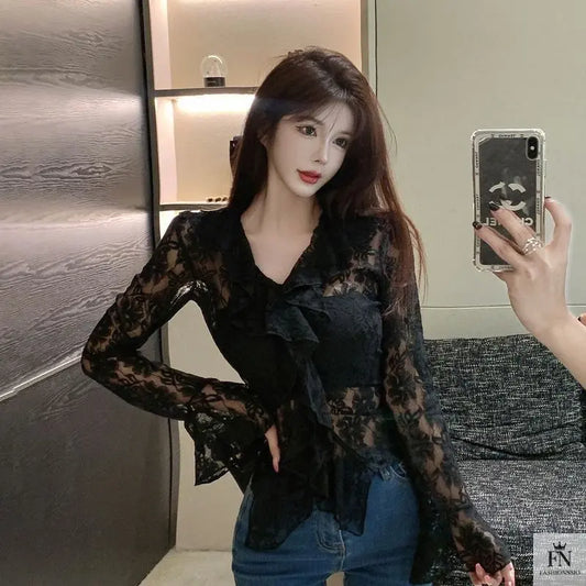 Flared Long Sleeve Ruffle Top - Fashionnsio