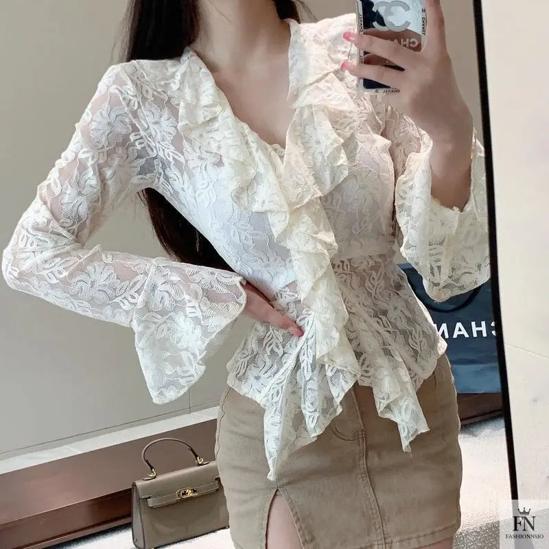 Flared Long Sleeve Ruffle Top - Fashionnsio