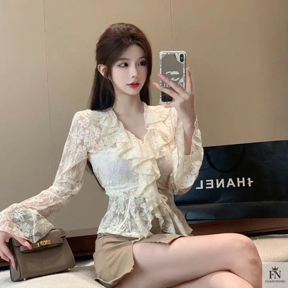 Flared Long Sleeve Ruffle Top - Fashionnsio