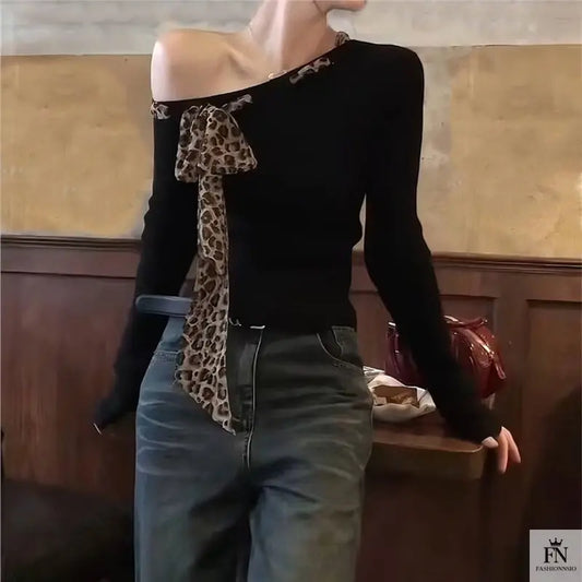 Off Shoulder Leopard Print Bow Top - Fashionnsio