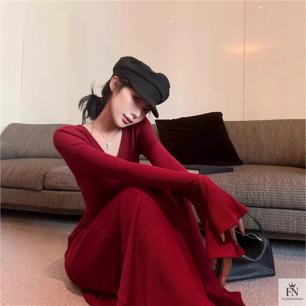 Knit Long Sleeve Maxi Dress - Fashionnsio