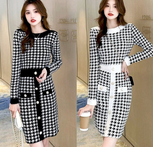 Korean Plaid Bodycon Knitted Dress