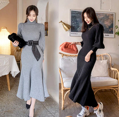 Turtleneck Knitted Dress With Belt