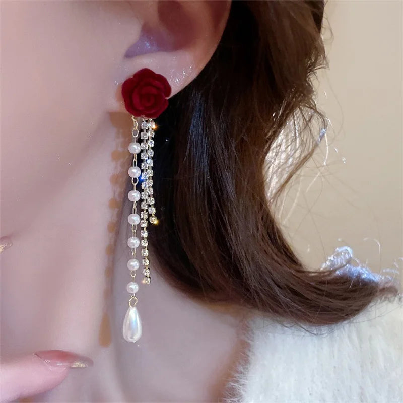 Red Rose Pearl Diamond Tassel  Earrings fashionnsio