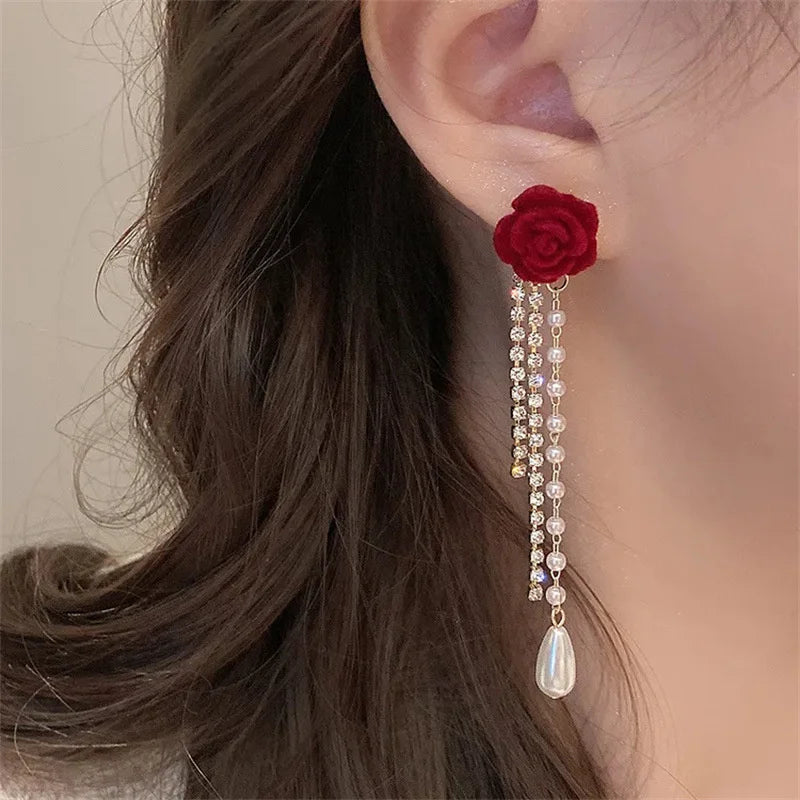 Red Rose Pearl Diamond Tassel  Earrings fashionnsio