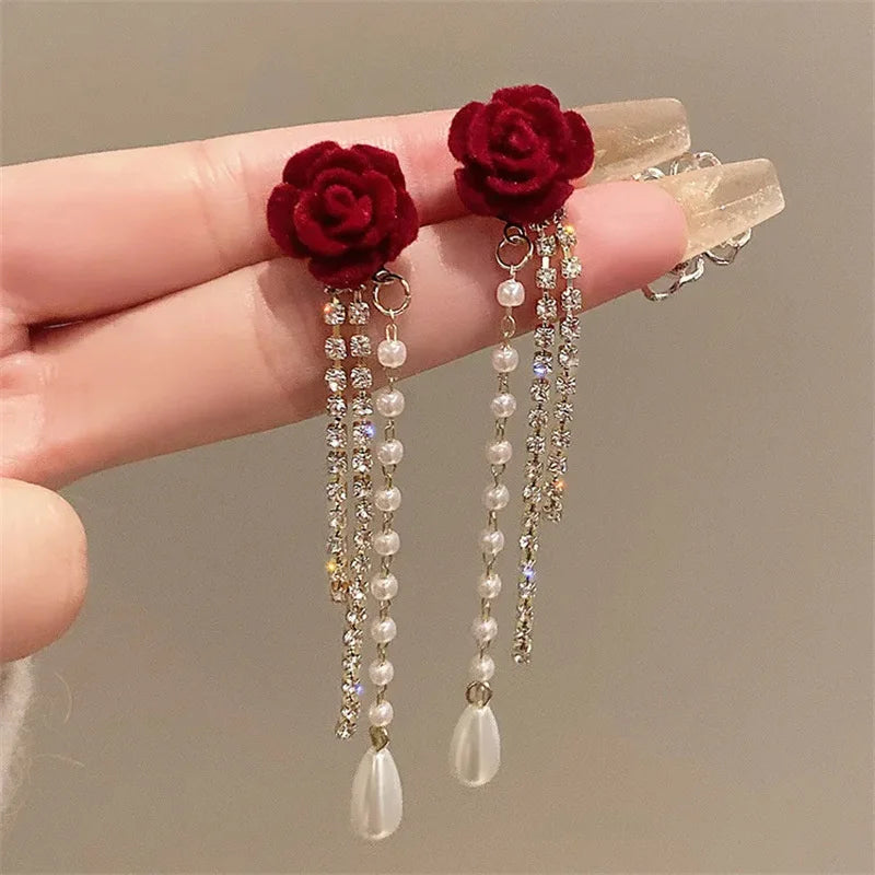 Red Rose Pearl Diamond Tassel  Earrings fashionnsio