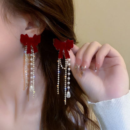 Bow Red Diamond Pearl Tassel Earrings fashionnsio