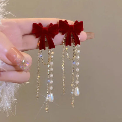 Bow Red Diamond Pearl Tassel Earrings fashionnsio