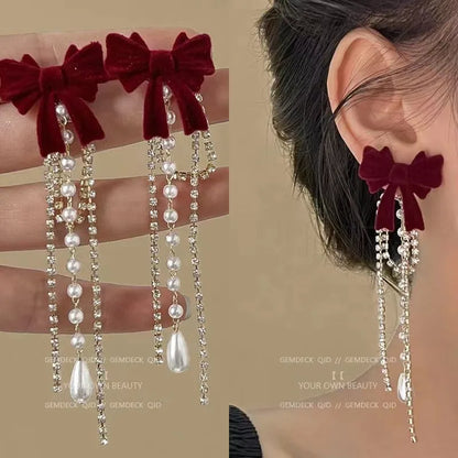 Bow Red Diamond Pearl Tassel Earrings fashionnsio